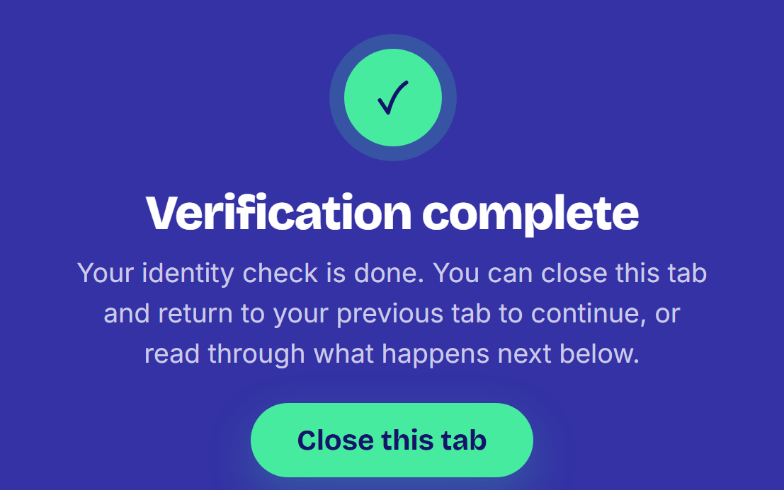 The Nudge verification complete screen with a green tick, shown after the identity check