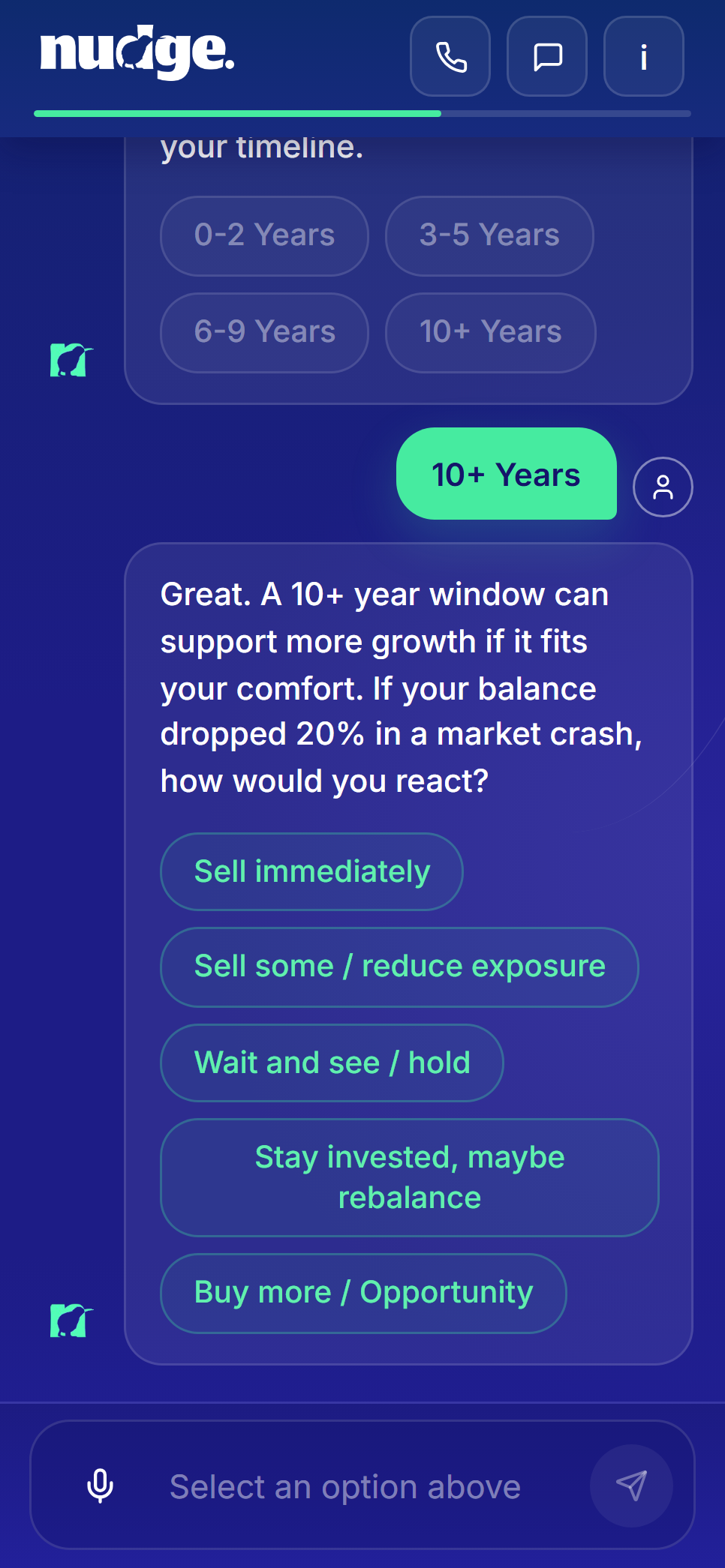 Nudge asking how you would react if your balance dropped 20% in a crash, with five fixed answers from sell immediately to buy more