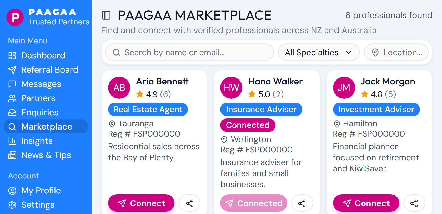 The Paagaa adviser marketplace: search by name, specialty and location, with adviser cards showing specialty, rating, location and a Connect button