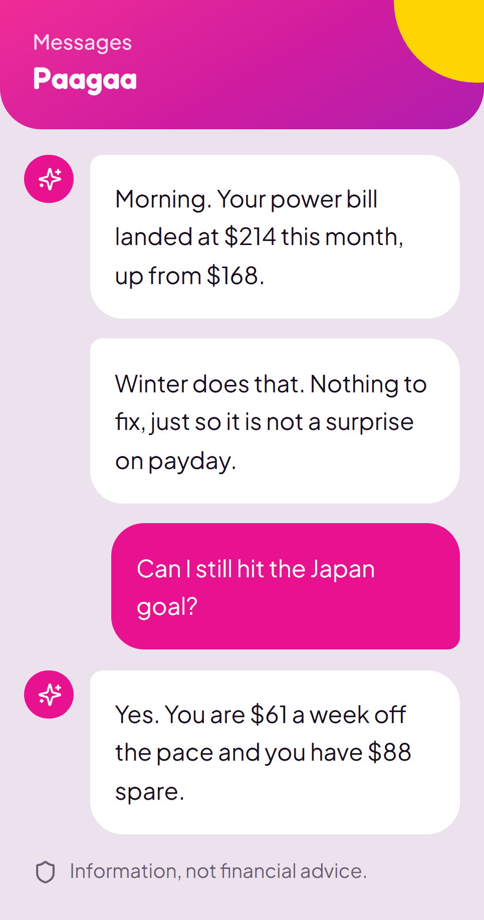 The Paagaa coach in messages: it flags a higher power bill, then answers that the Japan goal is still on track with $88 spare a week