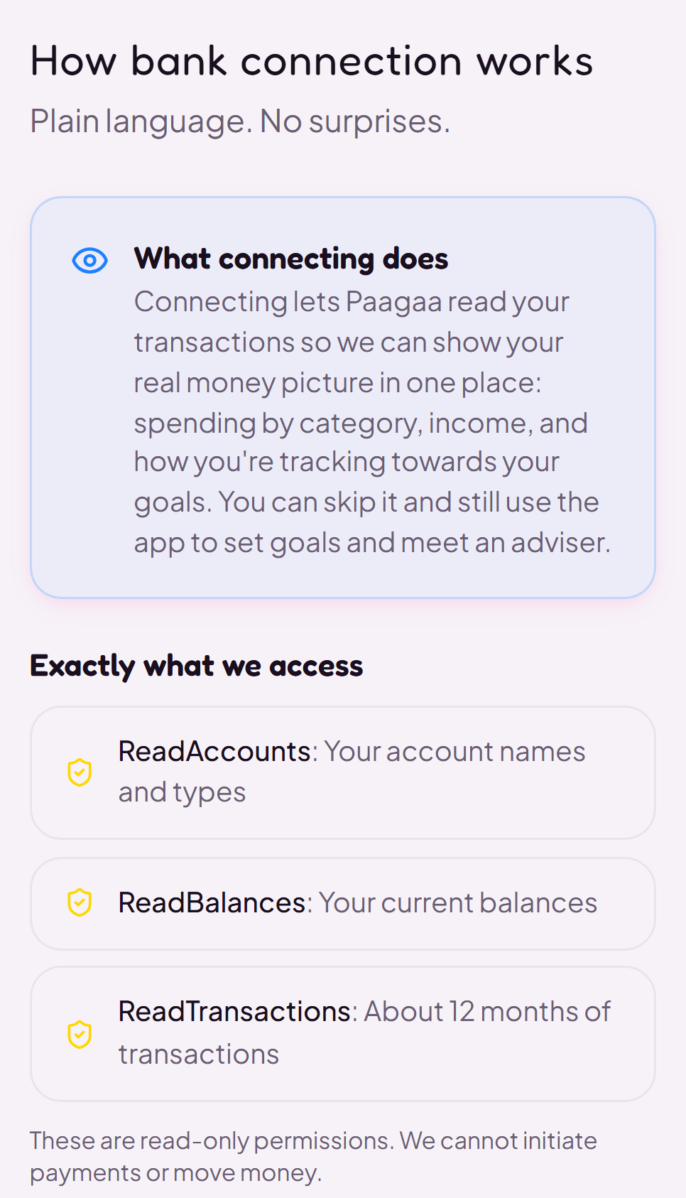 The Paagaa bank connection page on a phone: what connecting does, and exactly what Paagaa can read - account names, balances and about 12 months of transactions, read-only