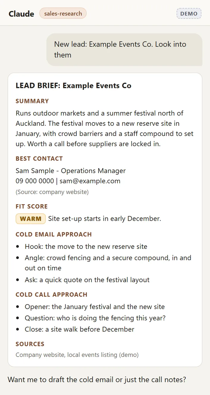 A lead brief on a phone for a made-up company, Example Events Co: summary, best contact, a warm fit score, and three points each for a cold email and a cold call