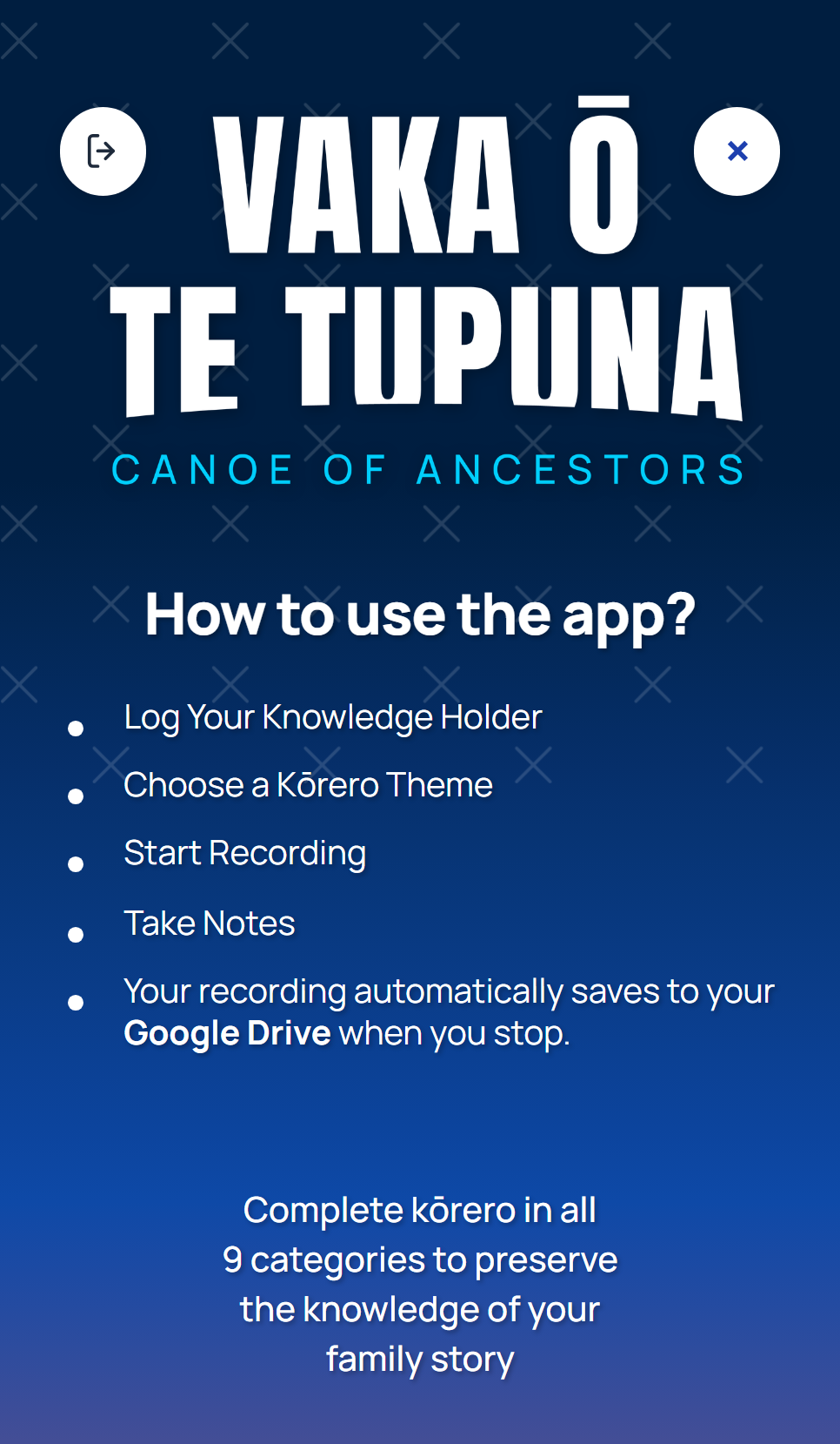 The Tupuna how-to screen: log your knowledge holder, choose a kōrero theme, start recording, take notes, and it saves to Google Drive