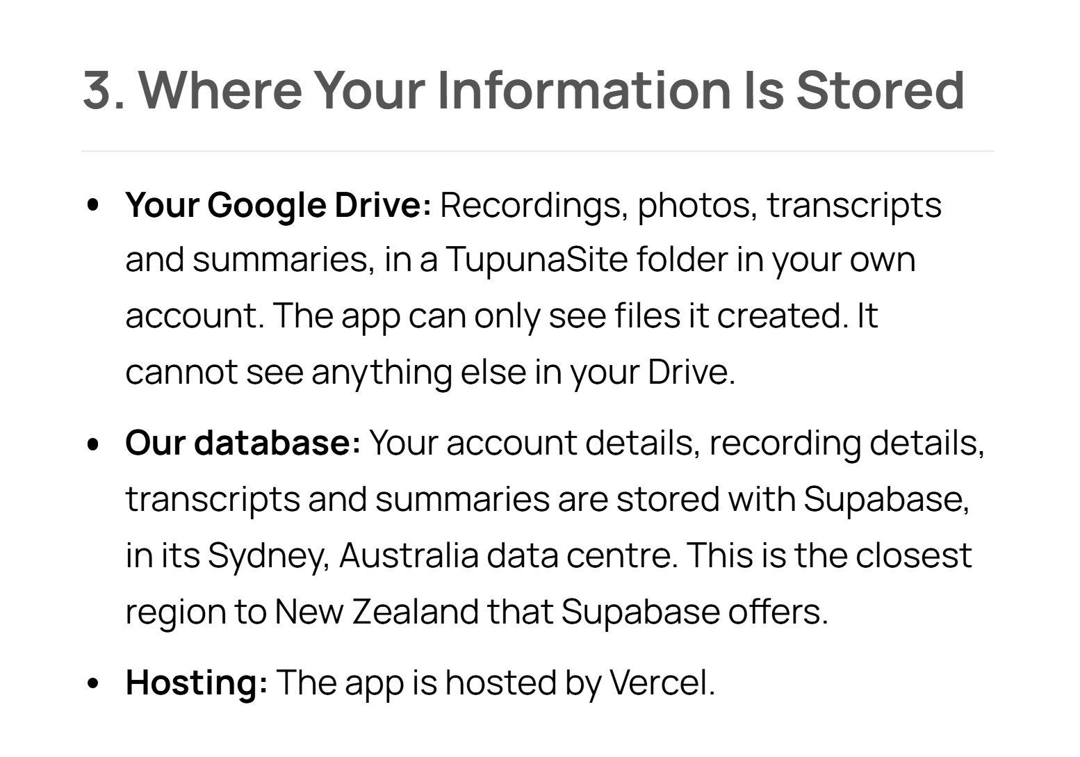 The Tupuna privacy policy section on where information is stored: the family's Google Drive, a Sydney database, and Vercel hosting