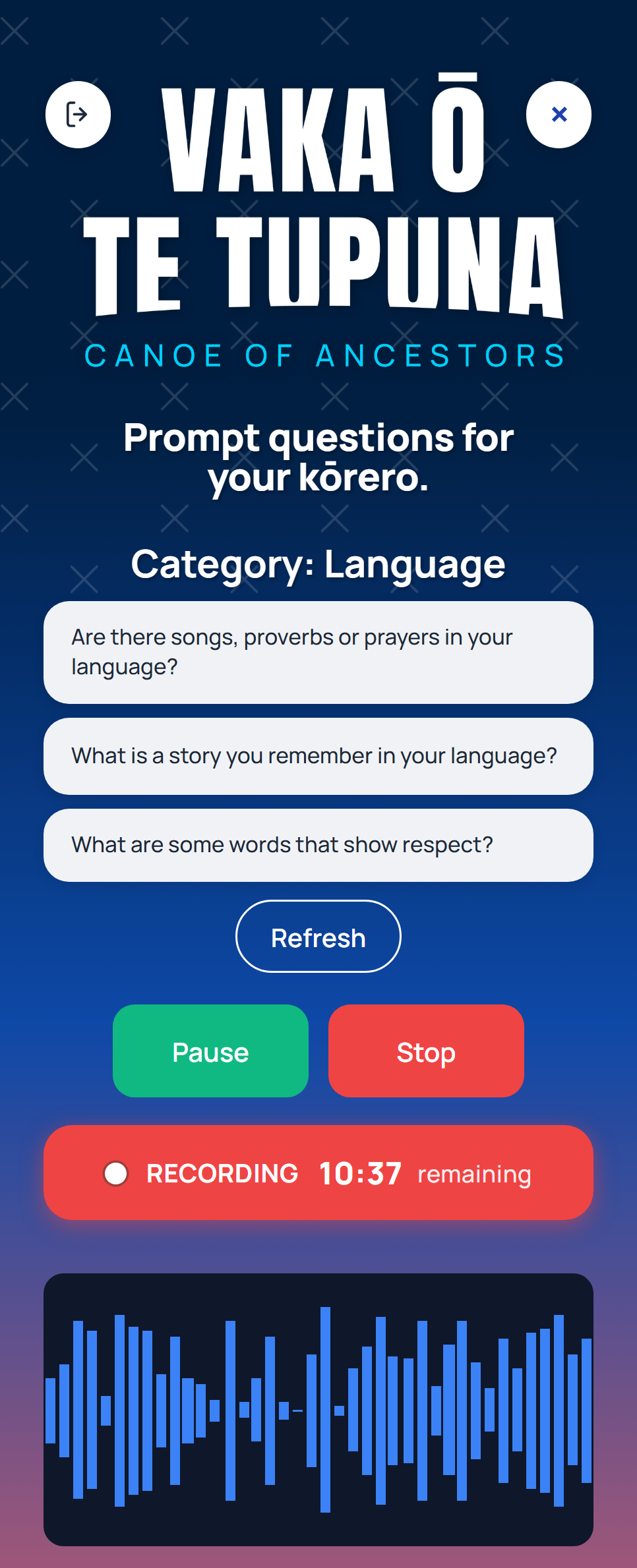 The Tupuna recording screen: three Language prompt questions, pause and stop buttons, a countdown and a live waveform