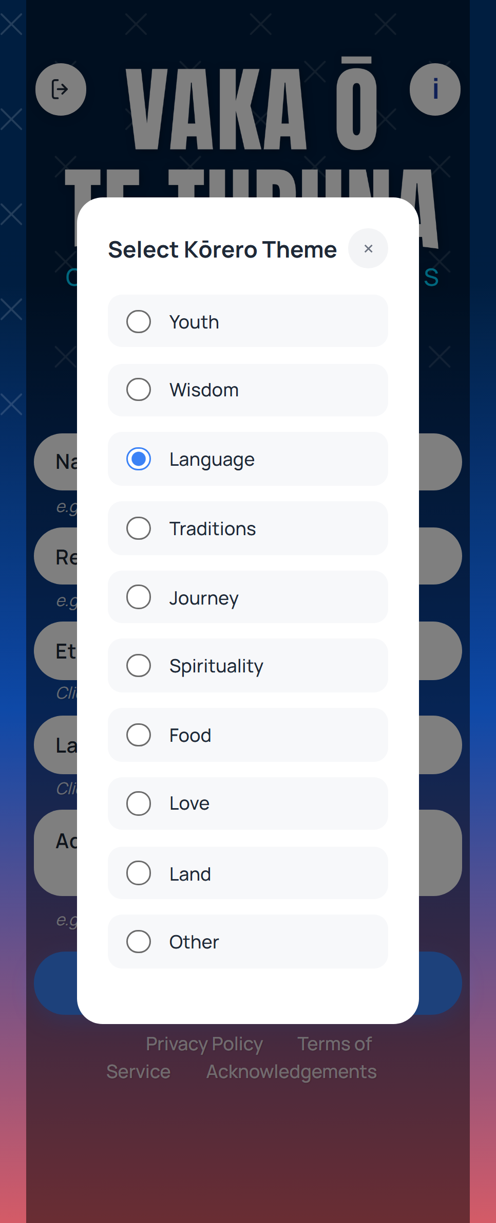 The Select Kōrero Theme picker: Youth, Wisdom, Language, Traditions, Journey, Spirituality, Food, Love, Land and Other