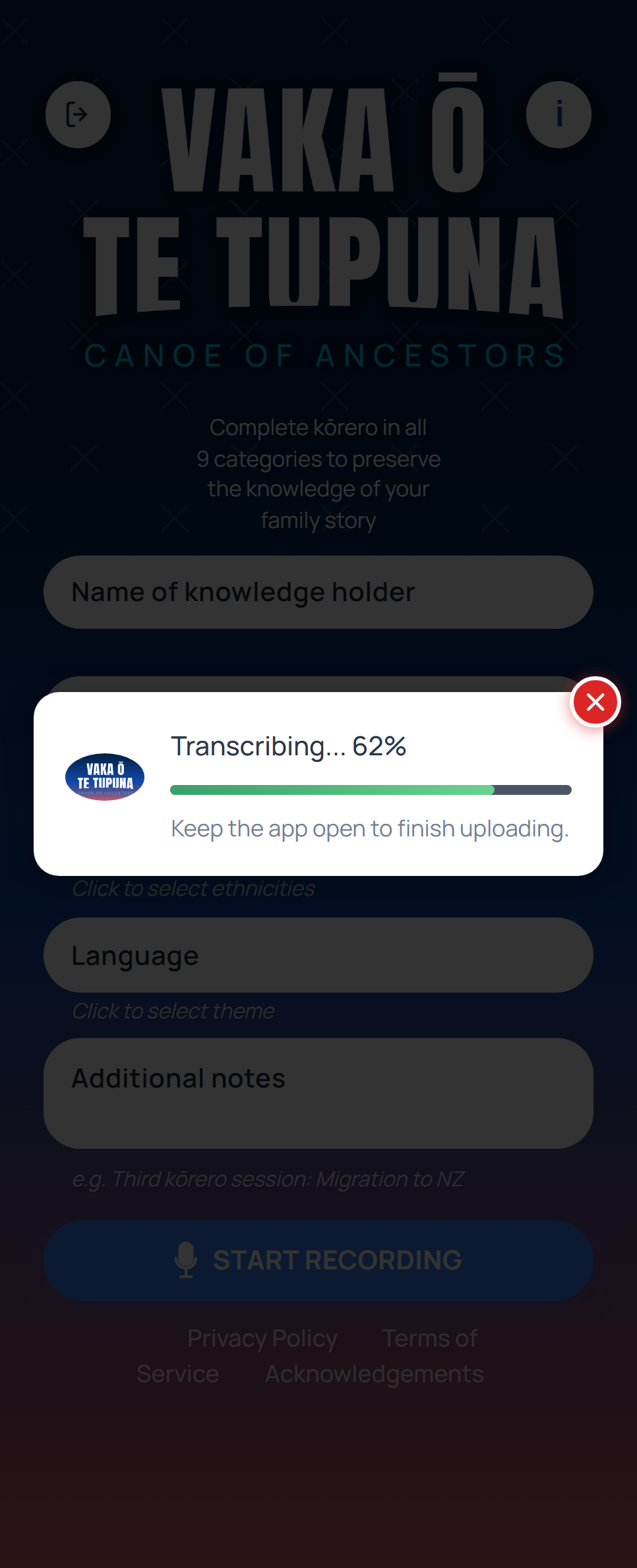 The Tupuna progress panel showing a recording being transcribed after it has saved to Google Drive