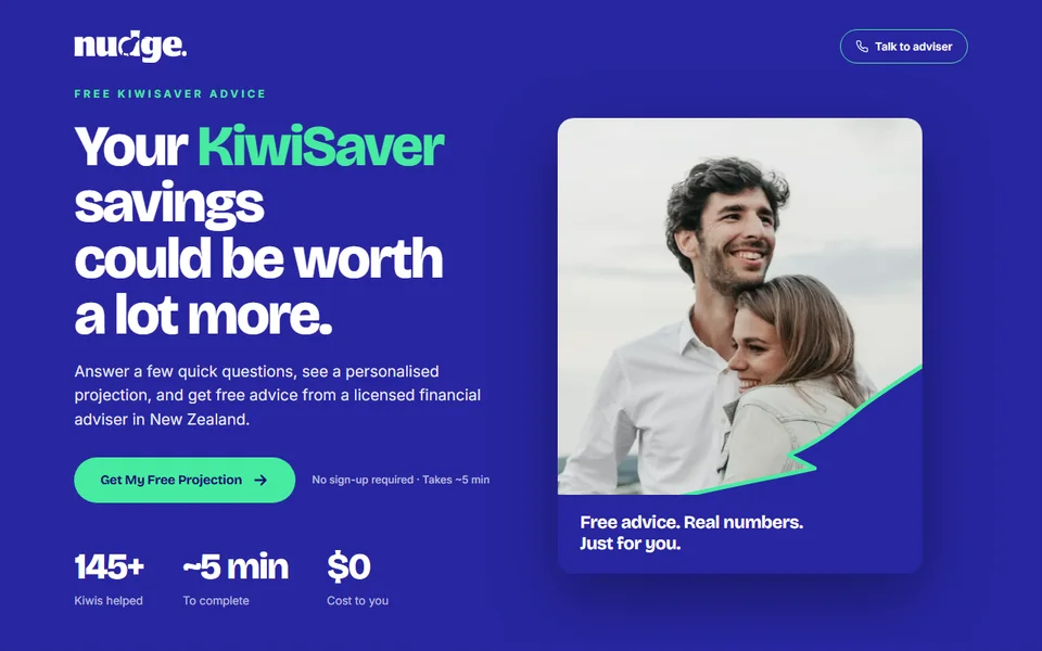 The Nudge website: free KiwiSaver advice, answer a few quick questions and see a personalised projection