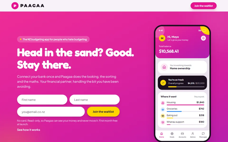 The Paagaa website: the NZ budgeting app for people who hate budgeting, with a phone showing balance, goal progress and spending by category