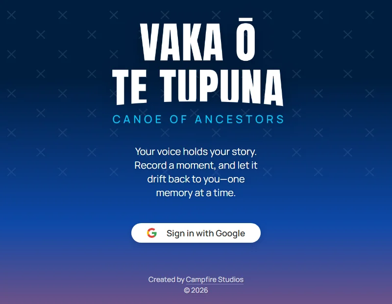 The Vaka Ō Te Tupuna sign-in page: canoe of ancestors, your voice holds your story