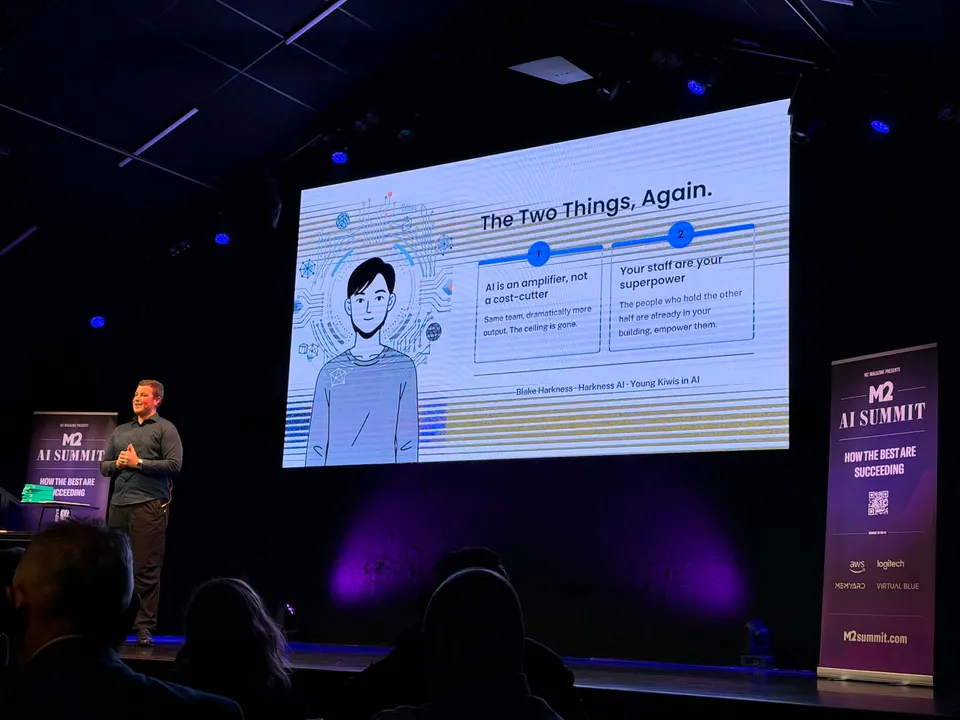 Blake Harkness presenting at the M2 AI Summit in Christchurch