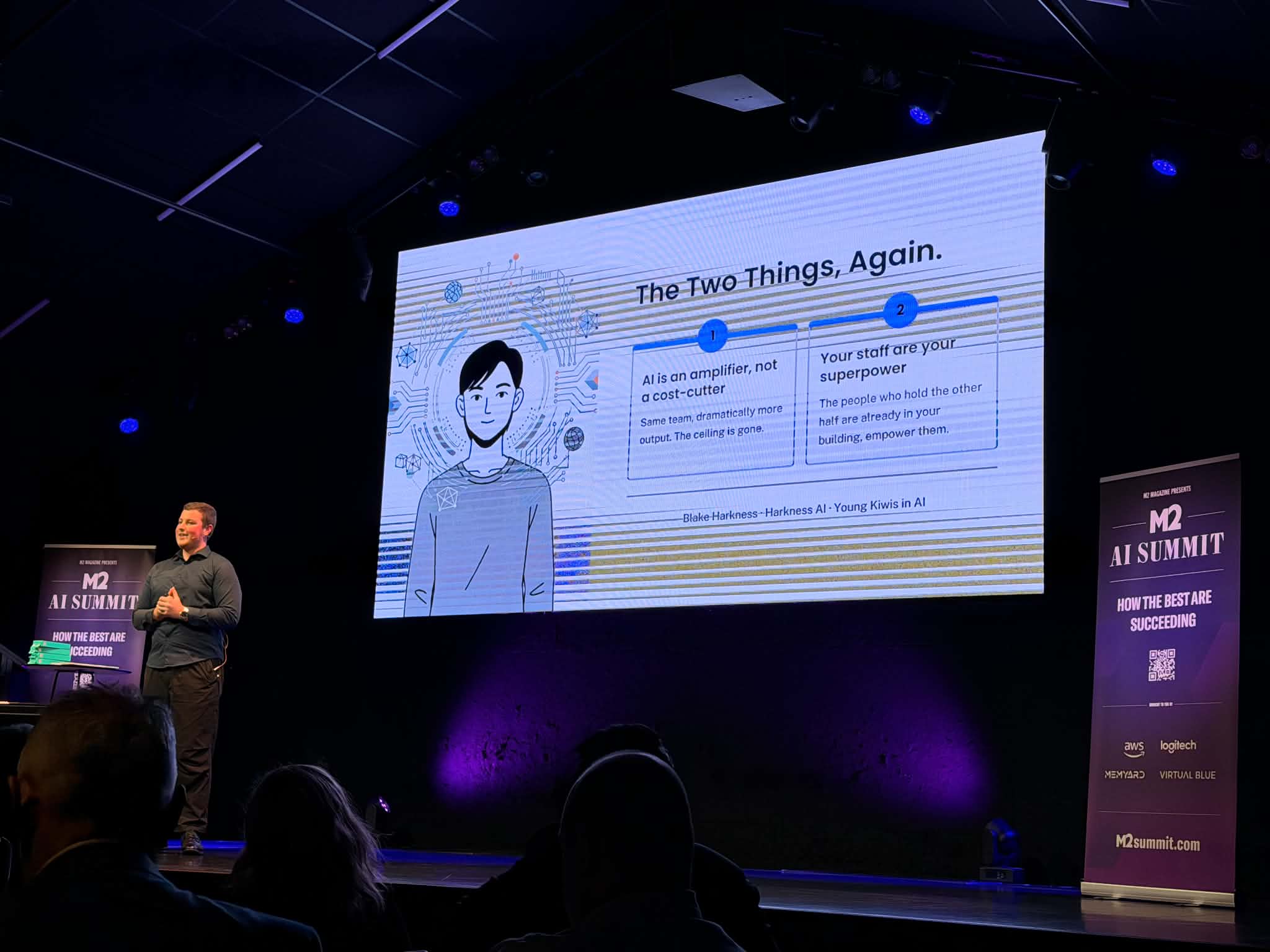Blake Harkness speaking at the M2 AI Summit in Christchurch