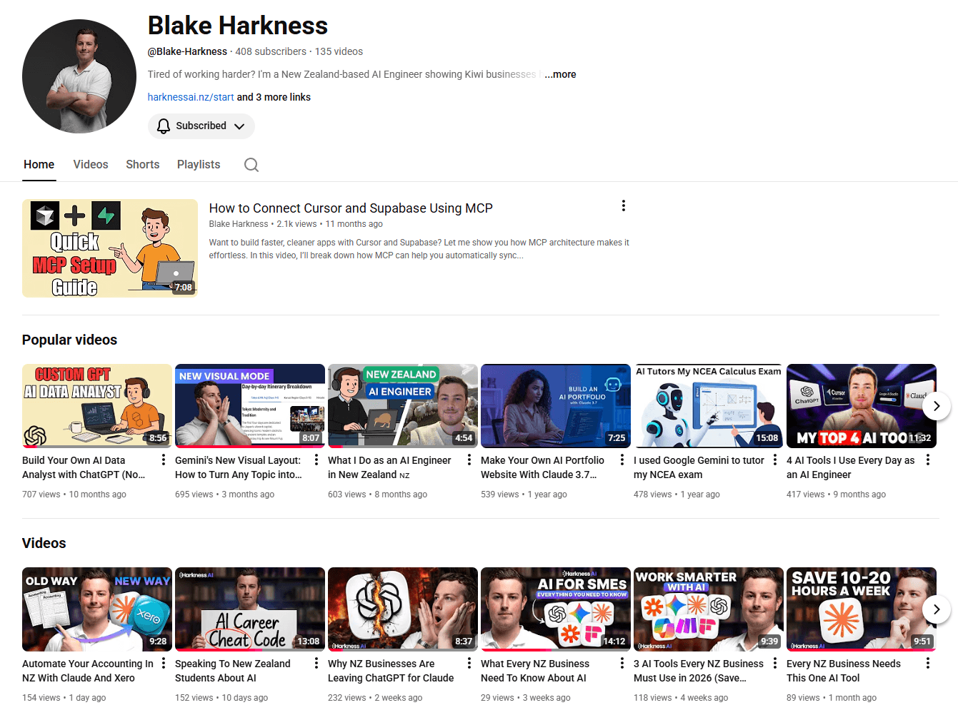 Blake Harkness YouTube channel with 150+ AI educational videos