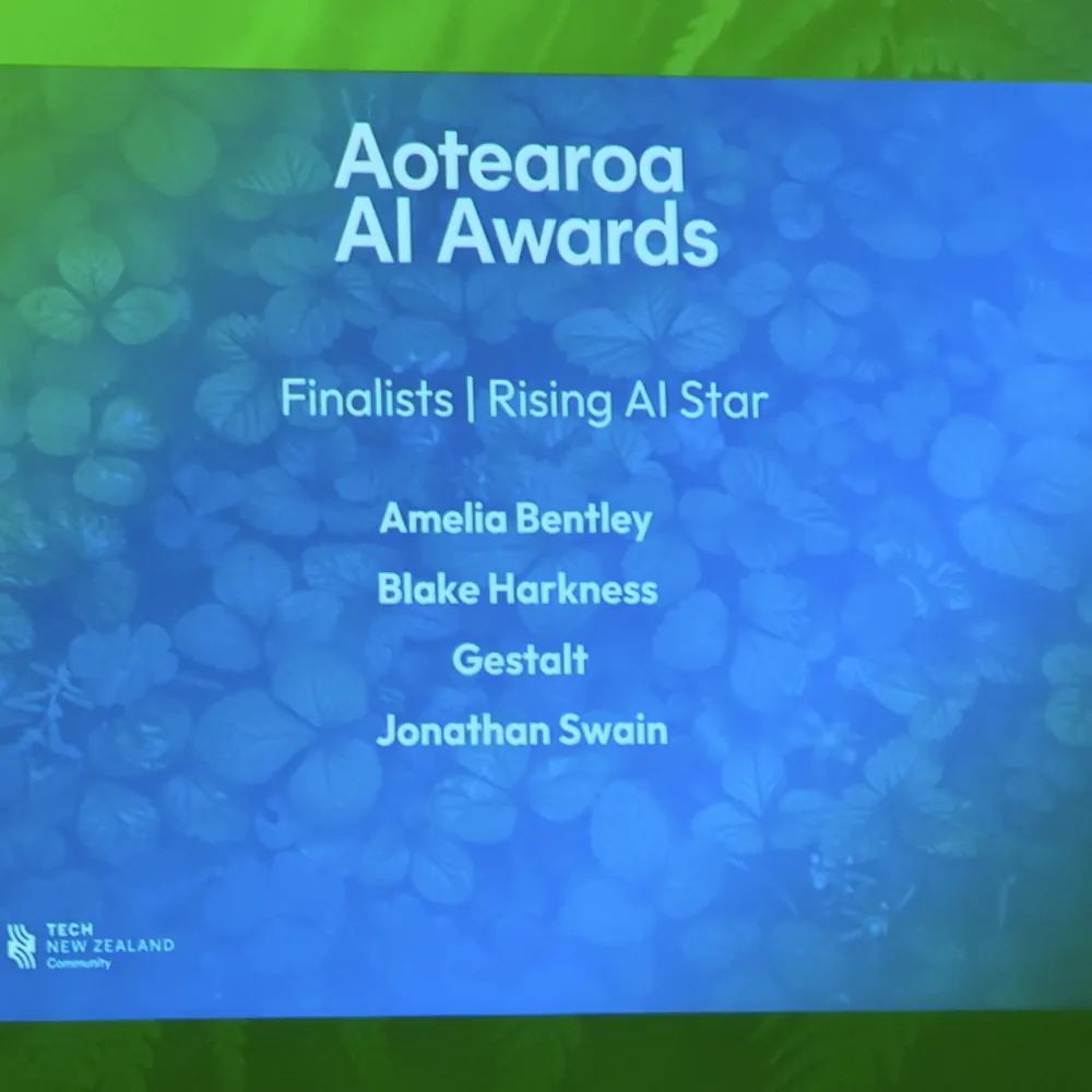 The Aotearoa AI Awards screen listing the Rising AI Star finalists, including Blake Harkness