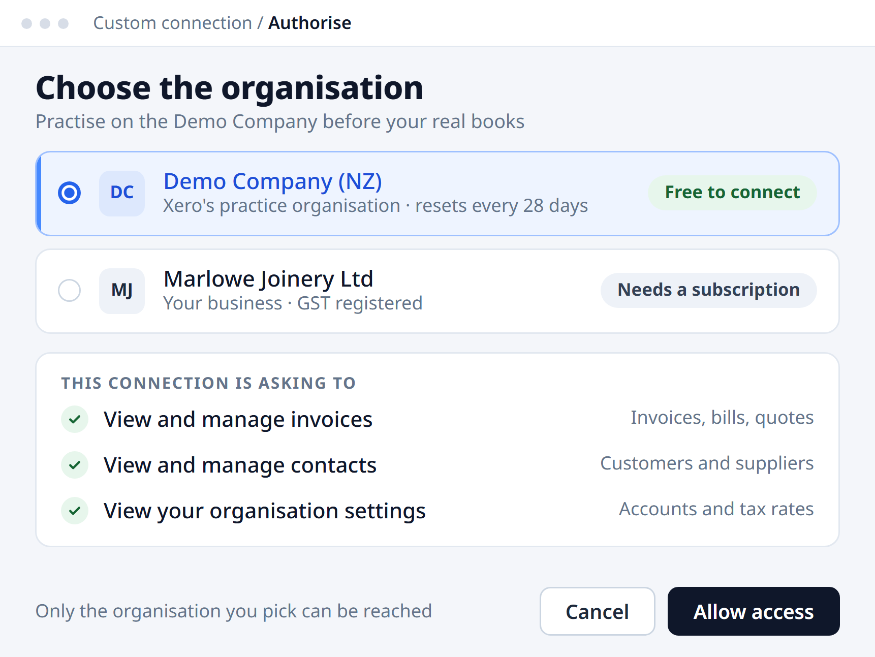 Choosing the Demo Company, free to connect, before the real organisation