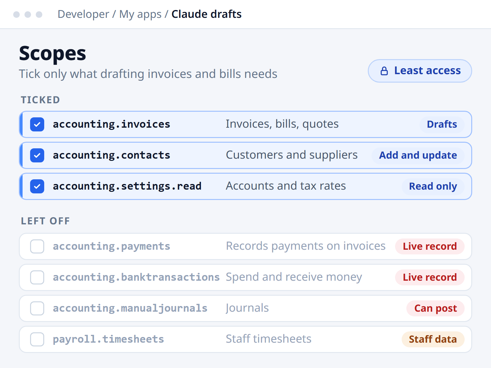 Custom connection scopes: invoices, contacts and read-only settings ticked, payments, bank transactions, journals and payroll left off