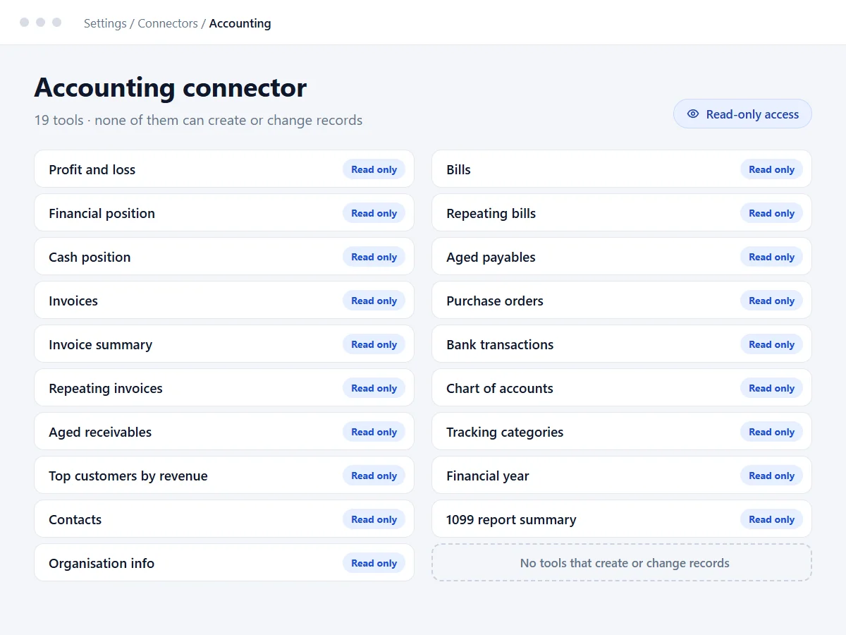 Claude connector tool list for Xero, every tool marked read only