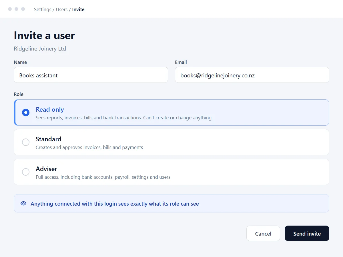 Inviting a Xero user with the read-only role selected